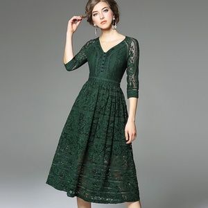 Dark Green Lace Midi Dress